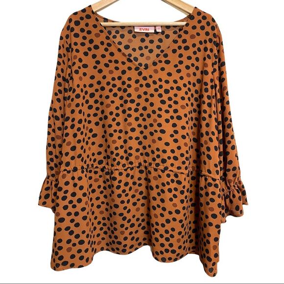 Evri Brown & Black Polka Dot Quarter Length Sleeve Drawstring Waist Top Size 2X - Picture 1 of 6
